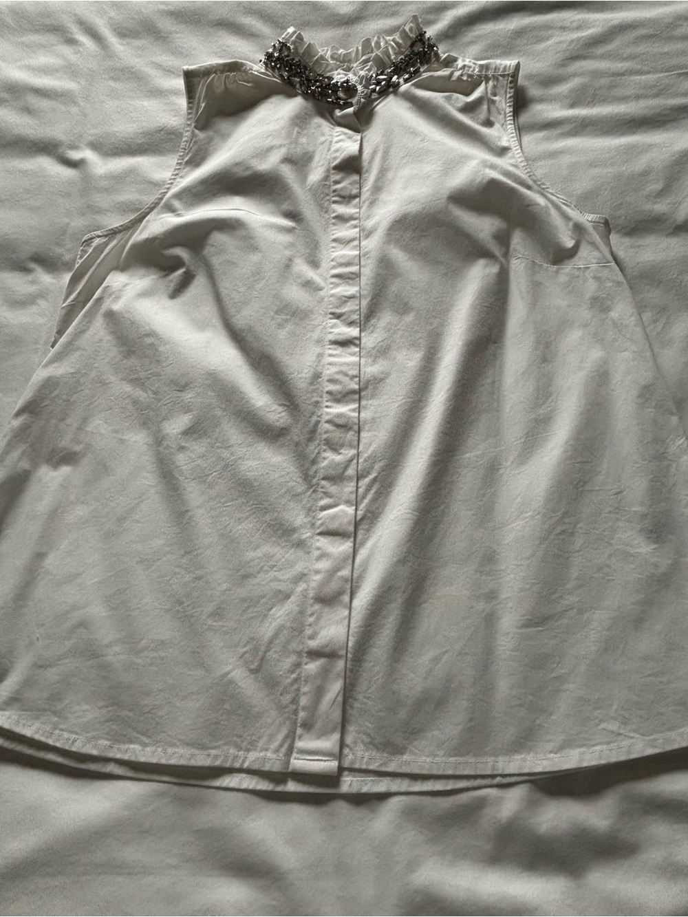 EUC! RARE! J.Crew Sleeveless Button-Down Shirt w/ Ruffle/Jewel Embellished Neck